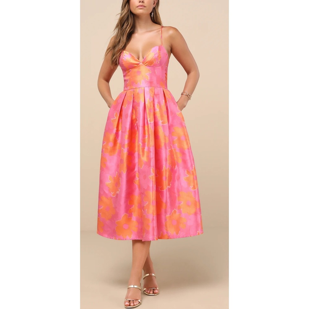 Lulus Pink Orange Floral Jacquard Bustier Midi Dress Adjustable Straps Sz Small